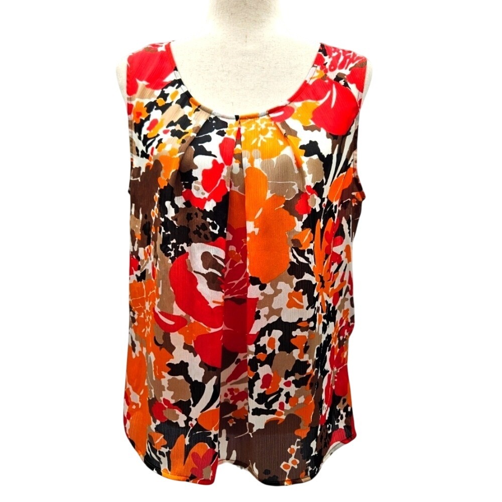 Nipon‎ Boutique Sleeveless Inverted Front Pleat Floral Orange & Red Top Large